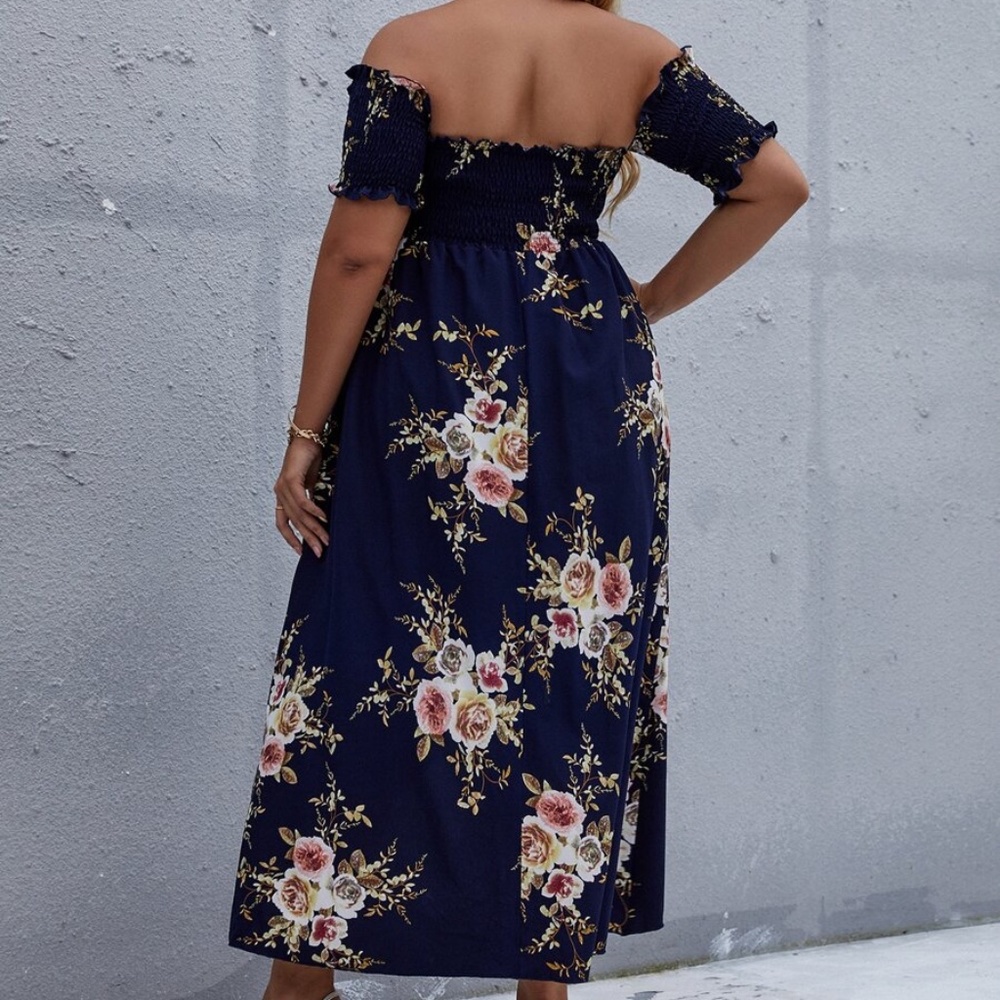 Boho Plus Floral Print Off Shoulder Cottagecore Dress - Picture 6 of 14